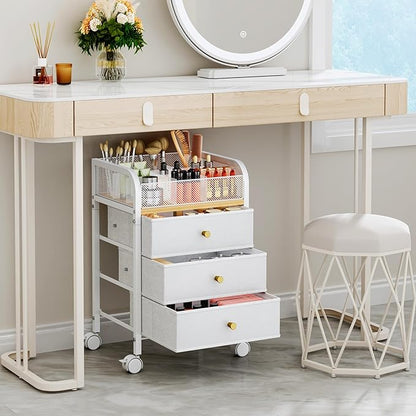 SWTYMIKI Rolling Makeup Organizer Cart - 14.96″*11.81″*23.03″ Widened Under Desk Vanity Storage with 3 Non-woven Drawers, Cosmetic Display Cases for Skin Care Perfume Nail Polish Brush Hair Tool White