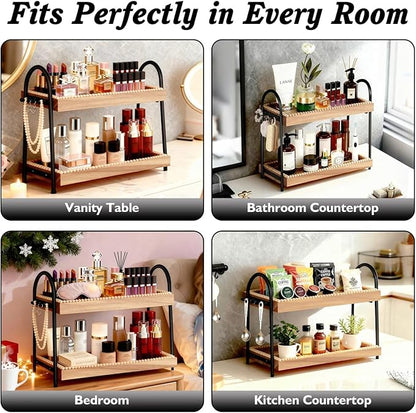 2-Tier Bathroom Countertop Organizer with 8 Hooks -Wooden Perfume & Makeup Storage Tray for Vanity Dresser, Farmhouse Skincare Organizer & Jewelry Holder for Kitchen Coffee Station