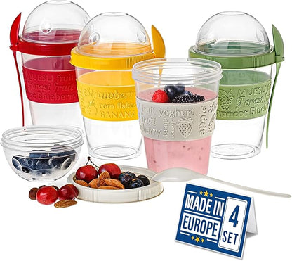 Crystalia 4 Pack 20 oz On The Go Yogurt Parfait Cups with Lids & Spoons, BPA FREE Reusable Yogurt Containers, Take and Go Yogurt Cup with Topping Cereal or Oatmeal Container, Colorful Set