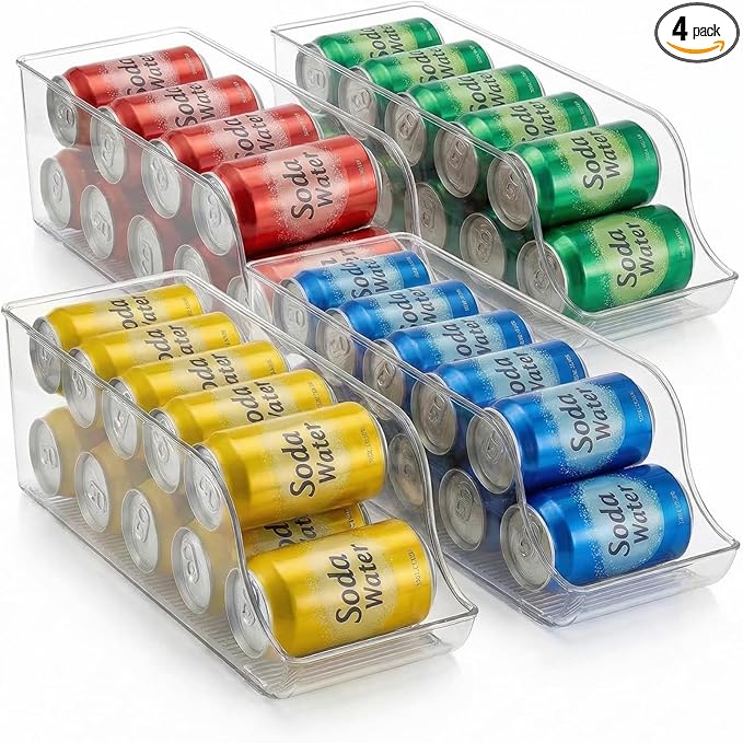 4-Pack Clear Soda Can Organizer for Sparkling Water and Beer, Rolling Drink Holder for Refrigerator Organizers and Storage, Transparent Can Organizer for Pantry and Kitchen Cabinets