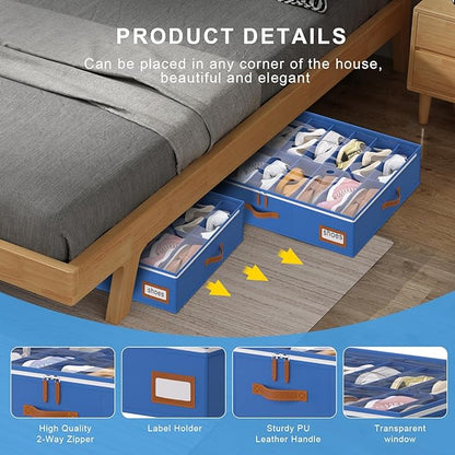 homyfort Shoe Organizer Under Bed, Fits 32 Pairs, Under bed Shoe Storage Boxes with Study Handles and Clear Cover, zapateras organizer for shoes, set of 2