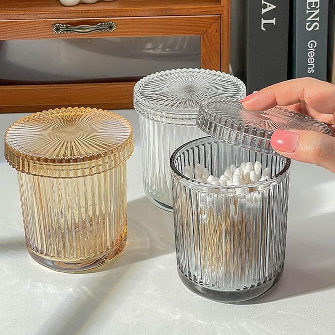 2 Pack Ribbed Glass Qtip Holder with Lid, Apothecary Storage Jars, Bathroom Vanity Countertop Organizer for Cotton Swabs, Cotton Balls, Pads, Floss Picks, Hair Ties, Makeup Accessories (Gray)