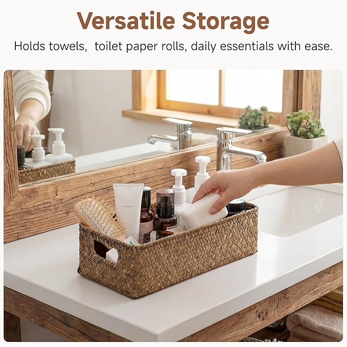 StorageWorks Wicker Toilet Paper Basket for Back of Toilet Baskets, Seagrass Bathroom Basket Organizer and Storage for Tank Topper, Small Tank Trays for Decor with Built-in Handles, Brown