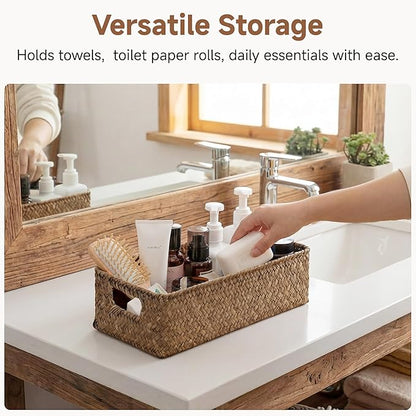 StorageWorks Wicker Toilet Paper Basket for Back of Toilet Baskets, Seagrass Bathroom Basket Organizer and Storage for Tank Topper, Small Tank Trays for Decor with Built-in Handles, Brown