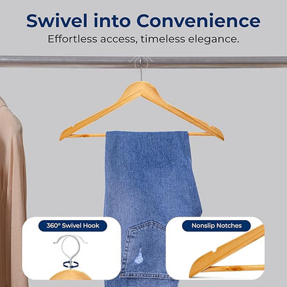 SereneLife Solid Wooden Hangers, Mega Pack, 50 Pieces Hangers for Clothes, Heavy Duty Suit Hanger Set with Chrome 360 Degree Swivel Hook, Notched Design, Natural Wood Color