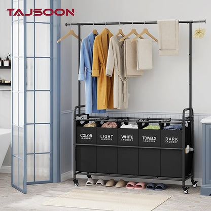 Tajsoon Laundry Sorter with Hanging Rack, 5 Sections Laundry Sorter with Lockable Wheels and Removable Bag, Removable Basket Organizer for Bedroom, Bathroom, Black