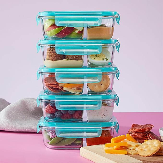 Pyrex Glass MealBox (5-Pack, 2.3 Cup) Divided Compartments with Locking Lids, For Meal Prepping and Portioning, BPA Free Microwave Dishwasher Safe