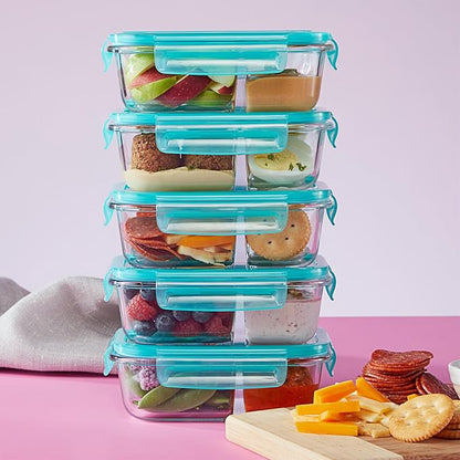 Pyrex Glass MealBox (5-Pack, 2.3 Cup) Divided Compartments with Locking Lids, For Meal Prepping and Portioning, BPA Free Microwave Dishwasher Safe