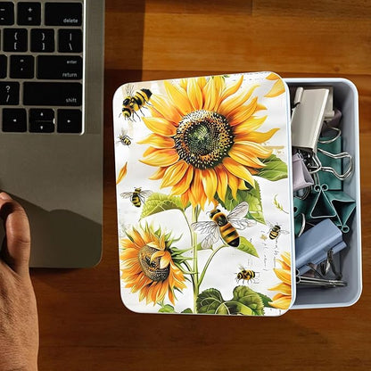 Metal Tin Box Sturdy Metal Storage Box with Lid, Large Container Holder for TCG Cards,Car Keys,Cookies,Tin Containers for Gift,5.0x3.7x1.6 Inch,Exquisite Pattern Design(Bee Sunflowers)