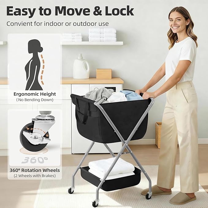 STORAGE MANIAC Collapsible Laundry Cart with Wheels 35.6"H Removable Canvas Bag Rolling Laundry Hamper Clothes Basket with Wheels, Sturdy Steel Frame Folding for Small Narrow Space Easy Storage, Black