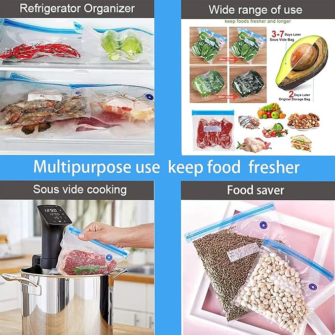 Sous Vide Bags 31 Pcs (24 Pcs Vacuum Zipper Bags & 2 Seal Clips & 5 Air Valves),Reusable BPA Free Vacuum Sealer Bags Vacuum Food Storage Bags for Cooking/Food Storage/Microwave Heating