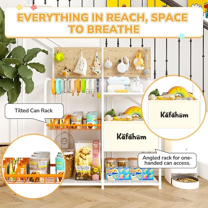 KAFAHOM Dog Toy Basket with Pegboard, Dogs Toy Bin with Storage Organizer, All-in-One Dog Stuff Box & Essential Holder, Perfect Basket for Dog Toys in Living Room, Great Gifts for Pet Lovers, White