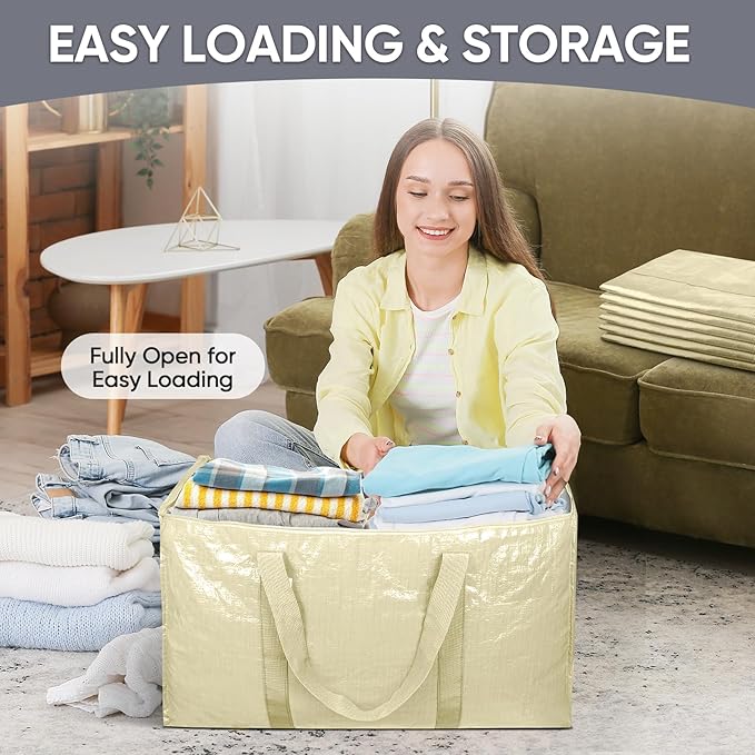 TICONN 8 Pack Extra Large Moving Bags Heavy Duty with Zippers & Carrying Handles, Durable Storage Bags Moving Boxes for Closet Organizers and Storage (8 Pack, Cream)