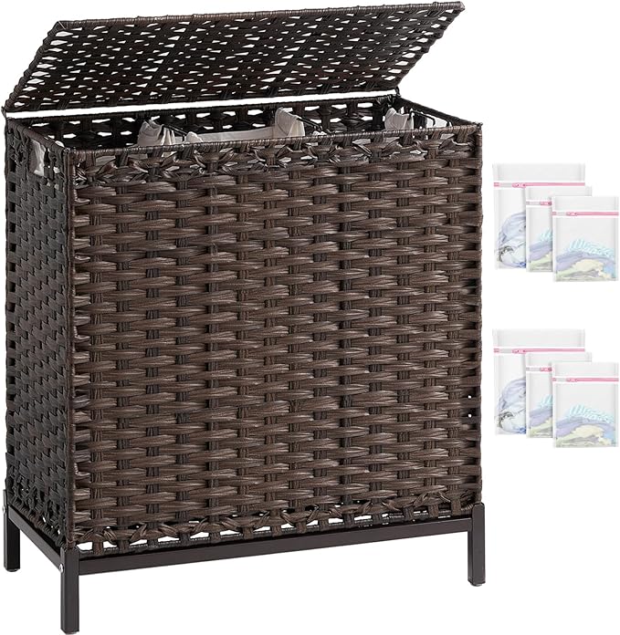 SETVSON Laundry Hamper with Lid 132 L, (35 Gallons) Clothes Hamper with Lid, Handwoven Rattan Laundry Hamper with Metal Heightened Feet, Laundry Hampers with 3 Removable Liner Bags for Laundry-Brown