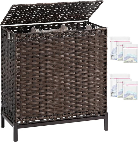 SETVSON Laundry Hamper with Lid 132 L, (35 Gallons) Clothes Hamper with Lid, Handwoven Rattan Laundry Hamper with Metal Heightened Feet, Laundry Hampers with 3 Removable Liner Bags for Laundry-Brown