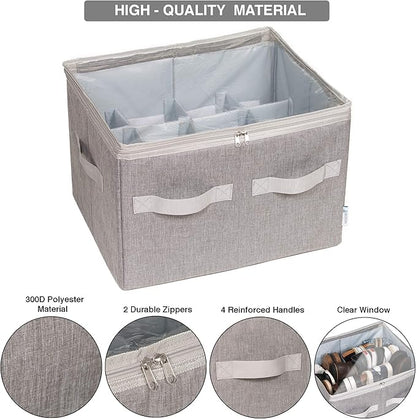 Moteph Shoe Organizer Closet Storage Solution with Clear Cover & Adjustable Dividers for Shoes, Handbags, Blankets, Linen, Clothing (Medium - 16 Pairs, Grey)
