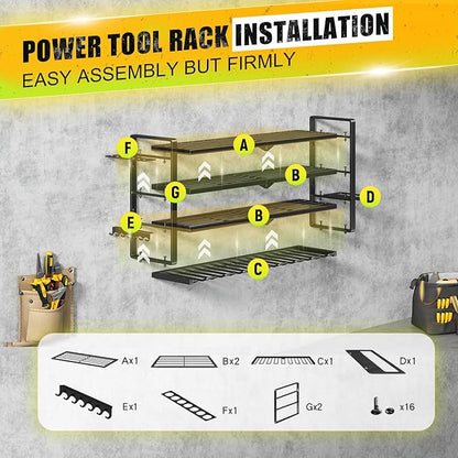 Hipidian Power Tool Organizer Wall Mount - Storage Rack with 4 Drill Holders for Drills Cordless Tools. Heavy Duty Iron Garage Tool Organizer Storage for Workshop Shed (8 Slots 4 Layers)