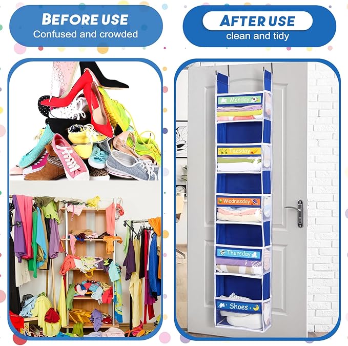 2 Pack 5 Shelf Weekly Clothes Organizer for Kids Over the Door Hanging Storage Monday through Friday Heavy Duty Clothes Organization for Bathroom Nursery Bathroom Kitchen(Blue)