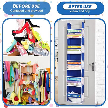2 Pack 5 Shelf Weekly Clothes Organizer for Kids Over the Door Hanging Storage Monday through Friday Heavy Duty Clothes Organization for Bathroom Nursery Bathroom Kitchen(Blue)