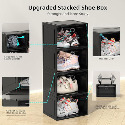 8 Pack XL Drop Side Shoe Box, Entryway Shoe Storage Box, Shoe Organizer for Closet Fit US 12(8 PACK Black)