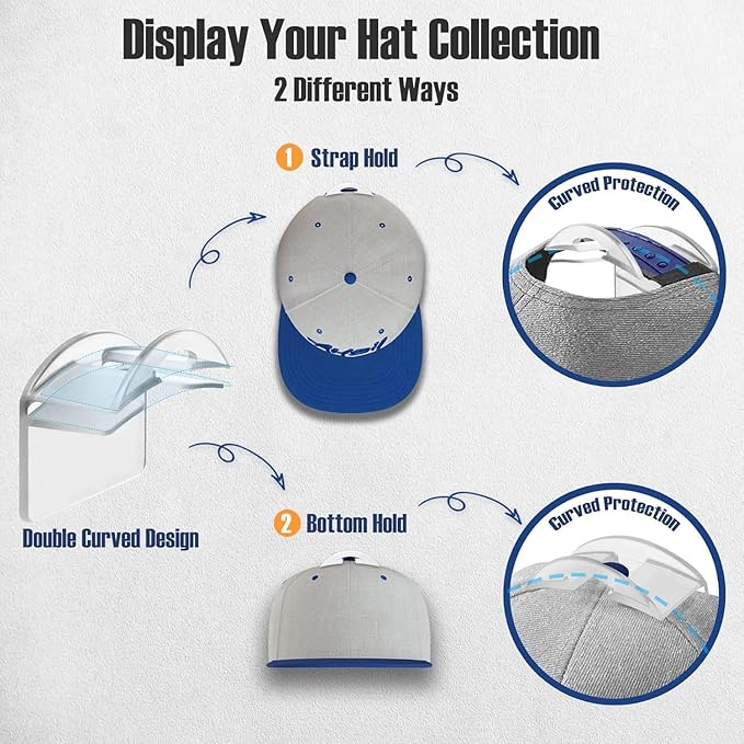 Hat Hangers for Wall, Stronge Adhesive Hat Holders Display, No Driling Caps Holder Organizer, 20 Pack Hat Hook for Baseball Caps, Wall Mounted Cap Rack, Translucent Black