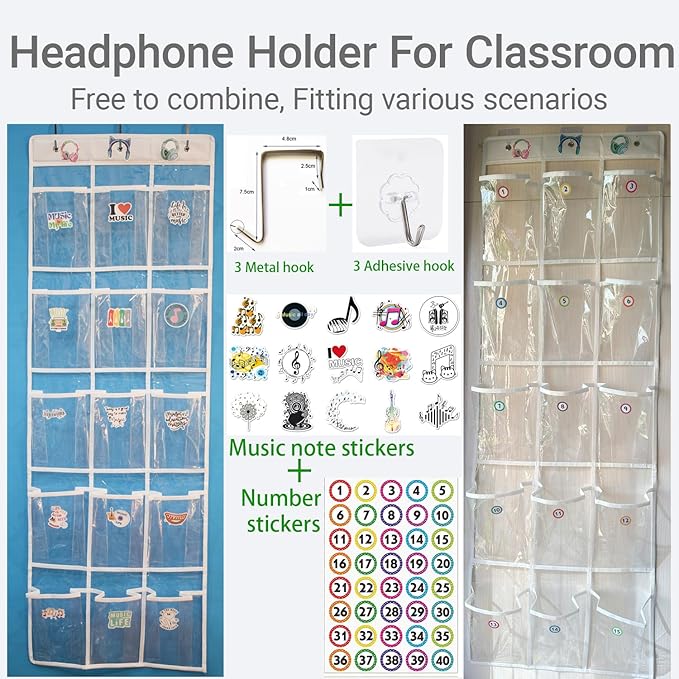 2 Pack Headphone Storage Classroom, Over The Door Hanging Headphone Holder for Classroom with 30 PVC Clear Pocket Chart, Cell Phones Calculators Organizer