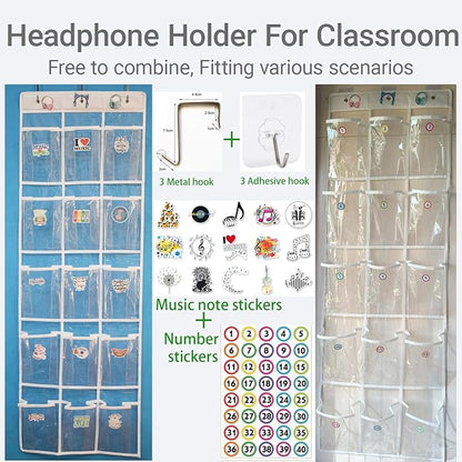 2 Pack Headphone Storage Classroom, Over The Door Hanging Headphone Holder for Classroom with 30 PVC Clear Pocket Chart, Cell Phones Calculators Organizer