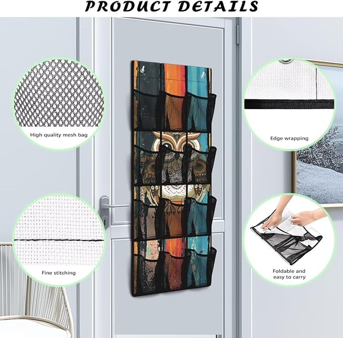 Owl Over Door Organizer Clear Deep Pockets Closet Door Hanging Shoe Rack Organizer Machine Washable Hanging Storage Bag for Garage Laundry Bathroom Kitchen