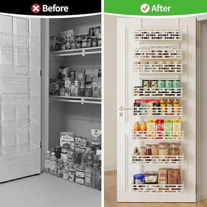 Over the Door Pantry Organizer, Pantry Organization and Storage, 8 Tier Pantry Door Spice Rack Organizer, Metal Over Door Organizer Home Office Laundry Room Bathroom & Kitchen Organization, White