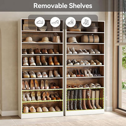 LITTLE TREE 9-Tier Shoe Cabinet, 32 Pairs Wooden Shoes Cabinet with Adjustable Shelves, 70.9" Tall Shoe Cabinet, Freestanding Modern Shoe Rack Organizer For Living Room Bedroom Entryway, Brown & White
