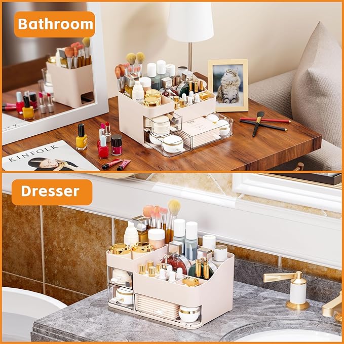 Pink Make up Organizers for Vanity with 3 Drawers,Large Skincare Organizers for Countertop,Desk,Dresser,Plastic Bathroom Counter Organizer for Eyeshadow Palettes,Perfume,Make up Brush Organization