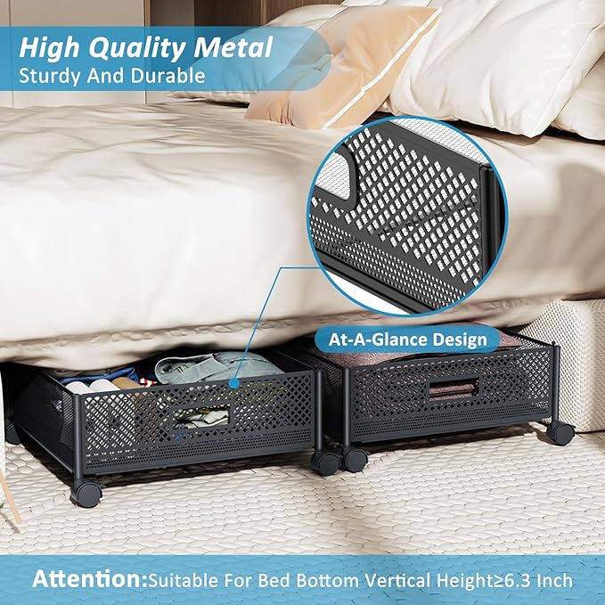 Under Bed Storage with Wheels 47.2"(L)/57.6L Large Rolling Under Bed Storage, Metal Underbed Containers on Wheels, Tool-Free Assembly Foldable Metal Underbed Drawers for Shoes Clothes Toys