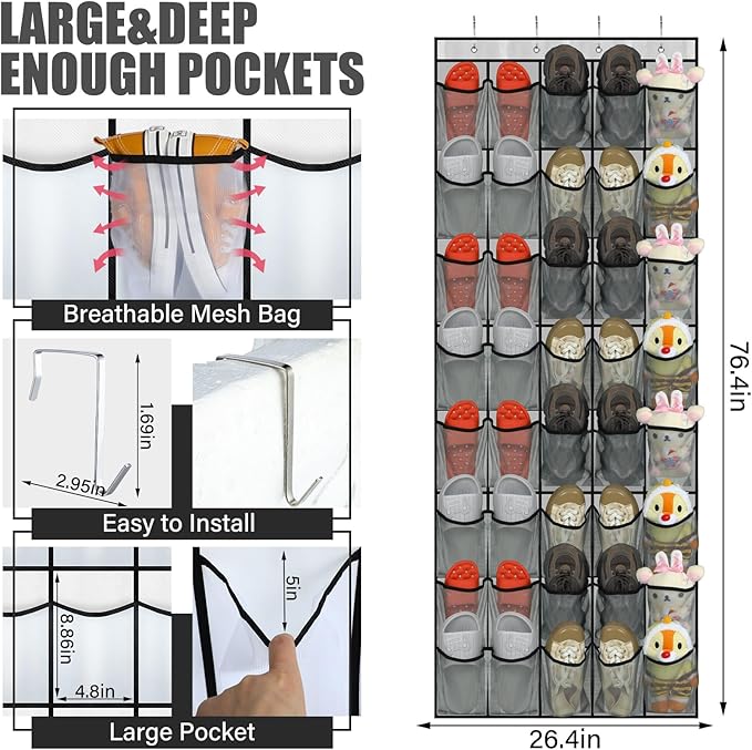 Windyun 40 Over The Door Shoe Organizer, Large Mesh Pocket Hanging Shoe Rack Hanger Large Capacity Gray Behind The Door Storage Holder for Dorm College Closet Entryway Bedroom Utility Room Women Men