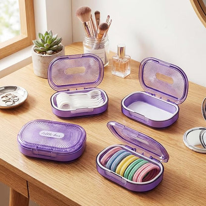 Kigley 4 Pcs Hair Tie Container Small Portable Travel Cotton Swab Holder Dispenser with Lid Plastic Box Storage Containers for Small Items, 3.94 x 2.76 Inch (Purple)