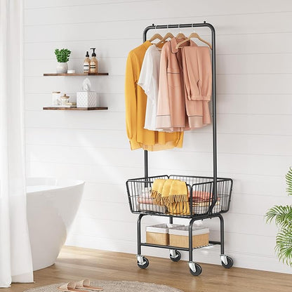 Tajsoon Laundry Cart with Hanging Rack, Metal Laundry Basket with Wheels, Laundry Hamper with Storage Basket and Shelf, Rolling Laundry Cart with Wheels, Black