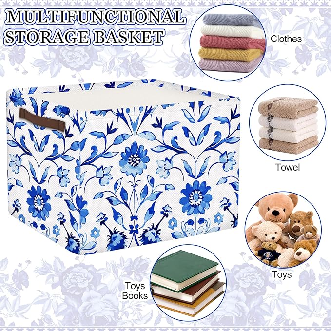 Geelin 3 Pack Blue and White Chinoiserie Storage Baskets, Large Foldable Decorative Storage Bins with Handles, Blue Floral Canvas Organizer Boxes for Closet Shelf Nursery Bedroom Home Organization
