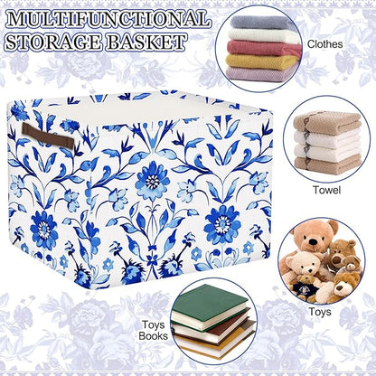 Geelin 3 Pack Blue and White Chinoiserie Storage Baskets, Large Foldable Decorative Storage Bins with Handles, Blue Floral Canvas Organizer Boxes for Closet Shelf Nursery Bedroom Home Organization