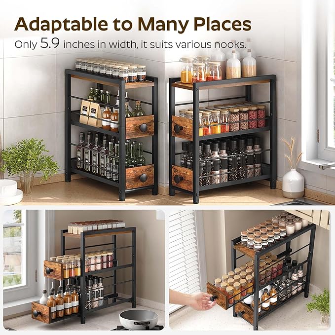 YATINEY Spice Rack, 3-Tier Pull Out Spice Rack Organizer for Countertop, Narrow Kitchen Countertop Storage Shelf with 2 Drawers, for Kitchen, Cafe, Rustic Brown and Black SR02BR