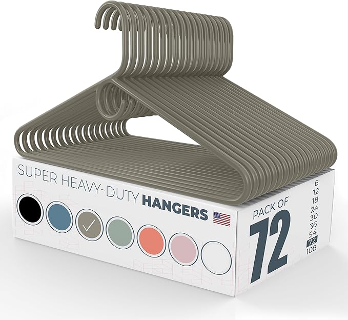 Super Heavy Duty Clothes Hangers 50+ Pack (72 Count) – Made in the USA - 10lb Capacity, Thick Plastic Hangers for Pants, Coats, Jackets, Jeans and Adult Clothing – Gray