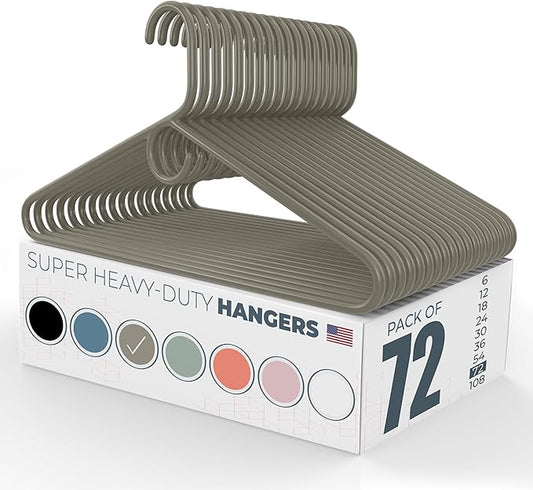 Super Heavy Duty Clothes Hangers 50+ Pack (72 Count) – Made in the USA - 10lb Capacity, Thick Plastic Hangers for Pants, Coats, Jackets, Jeans and Adult Clothing – Gray