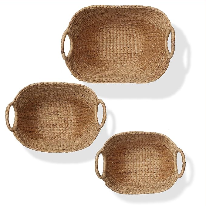 Casafield Set of 3 Multipurpose Boat Baskets with Handles - Cinnamon, Woven Water Hyacinth Storage Organizers for Throw Blankets, Bedroom, Laundry