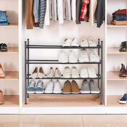 STORAGE MANIAC Expandable Shoe Rack, 16 Pairs Stackable Small Shoe Rack, Metal Adjustable Shoes Organizer for Closet, Entryway, Hallway, Garage, Front Door, Shoes Shelves, Black 4 Tier
