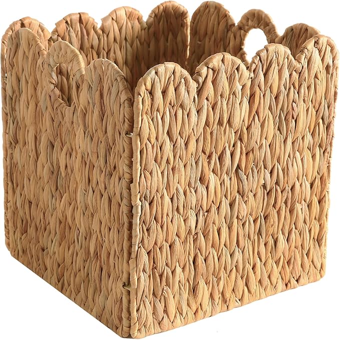 Scalloped Wicker Storage Cubes Basket, 12”x12“ Heavy Duty Paper rope/Hyacinth/Seagrass Baskets for Shelves, Foldable Natural Boho Square Bins (Water Hyacinth&10.5 x 10.5 x 10.5in&4-Pack)