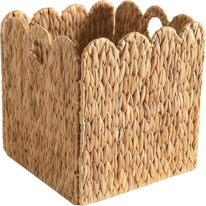 Scalloped Wicker Storage Cubes Basket, 12”x12“ Heavy Duty Paper rope/Hyacinth/Seagrass Baskets for Shelves, Foldable Natural Boho Square Bins (Water Hyacinth&10.5 x 10.5 x 10.5in&4-Pack)
