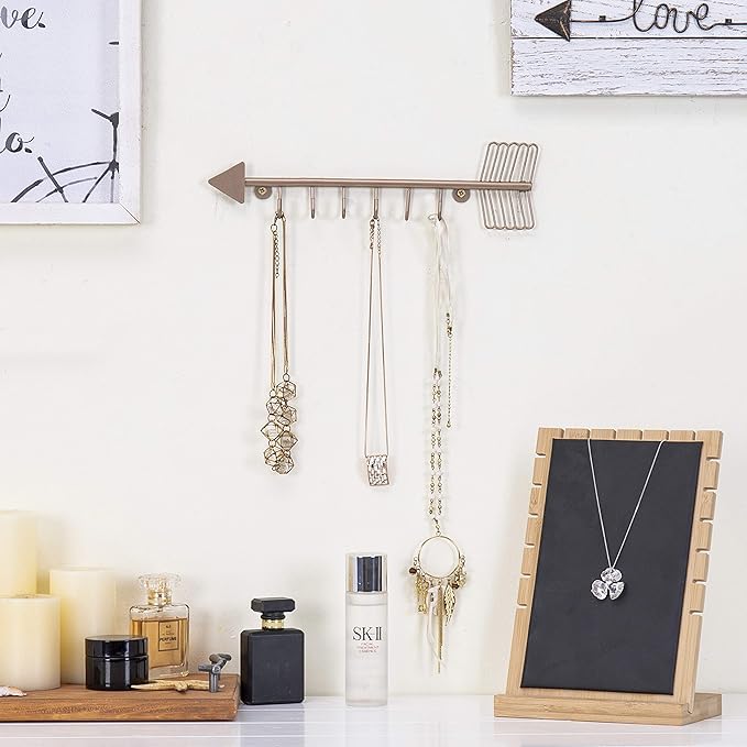 MyGift 12 Inch Wall Mounted Rose Gold Tone Metal Arrow Shaped Jewelry Organizer, Hanging Storage Display Rack with 6 Hooks for Necklaces Bracelets Keys