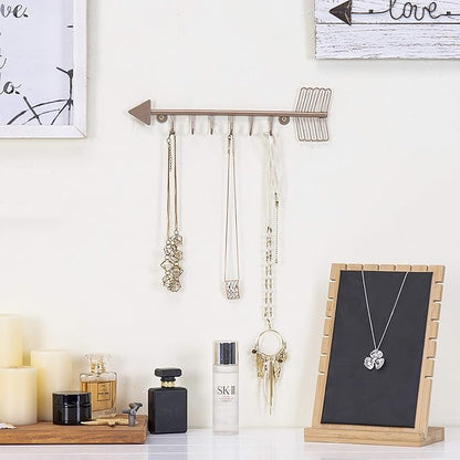 MyGift 12 Inch Wall Mounted Rose Gold Tone Metal Arrow Shaped Jewelry Organizer, Hanging Storage Display Rack with 6 Hooks for Necklaces Bracelets Keys