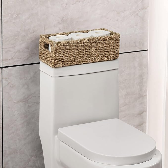 Vagusicc Wicker Storage Basket, Hand-Woven Seagrass Wicker Baskets with Handles, Toilet Paper Basket for Toilet Tank Top, Small Wicke Baskets for Organizing Shelves, 2-Pack, Seagrass