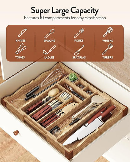 Orimade Oak Expandable Silverware Drawer Organizer, Adjustable Kitchen Utensil Holder & Cutlery Tray Drawer Dividers for Flatware (10 Slot), Large