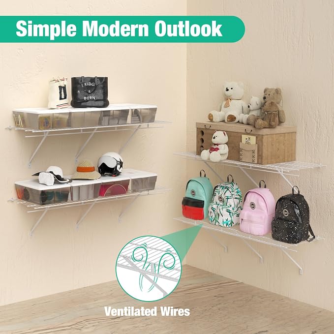 HAUSHOF Closet Shelves Wall Mounted 2-Pack, 4ft x 16in White Metal Wire Shelving for Laundry Room, Closet, Basement Organization and Storage