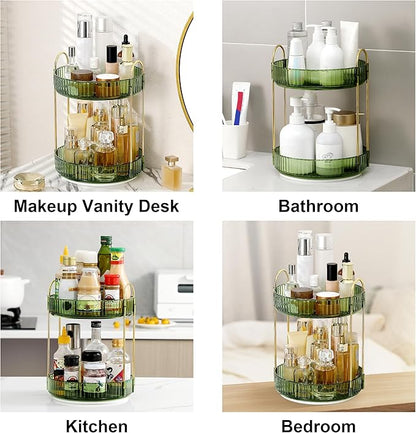 360 Rotating Makeup Organizer for Vanity, Bathroom Countertop Spinning Perfume Organizer, High-Capacity Cosmetic and Skincare Dresser Make Up Holder Rack (2 Tiers, Green)
